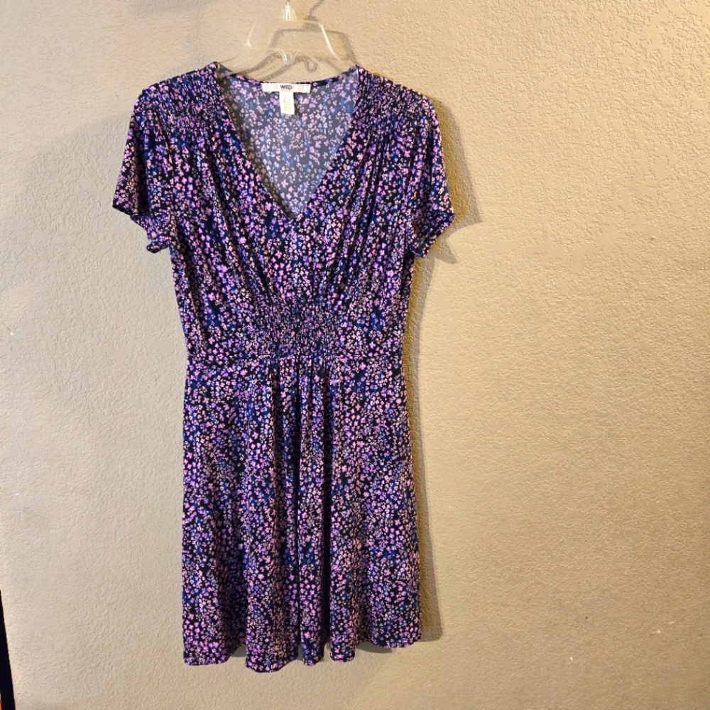 Wisp Womens Black/Pink/Teal Floral Print Short Sleeve Dress Smocking Size 8